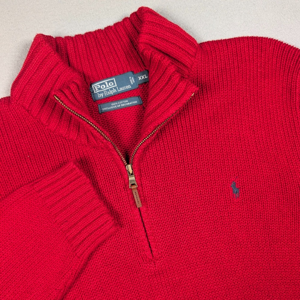 Polo Ralph Lauren Sweater Mens XXL Red Shaker Knit Leather 1/4 Zip Pullover Pony